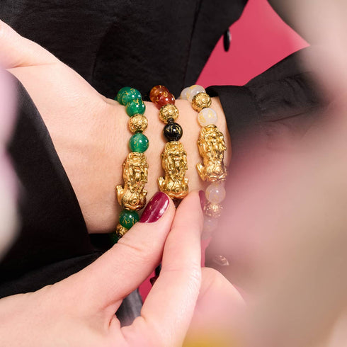 Pixiu Feng Shui Bracelet | GOLD Element | White Agate x 18k Gold